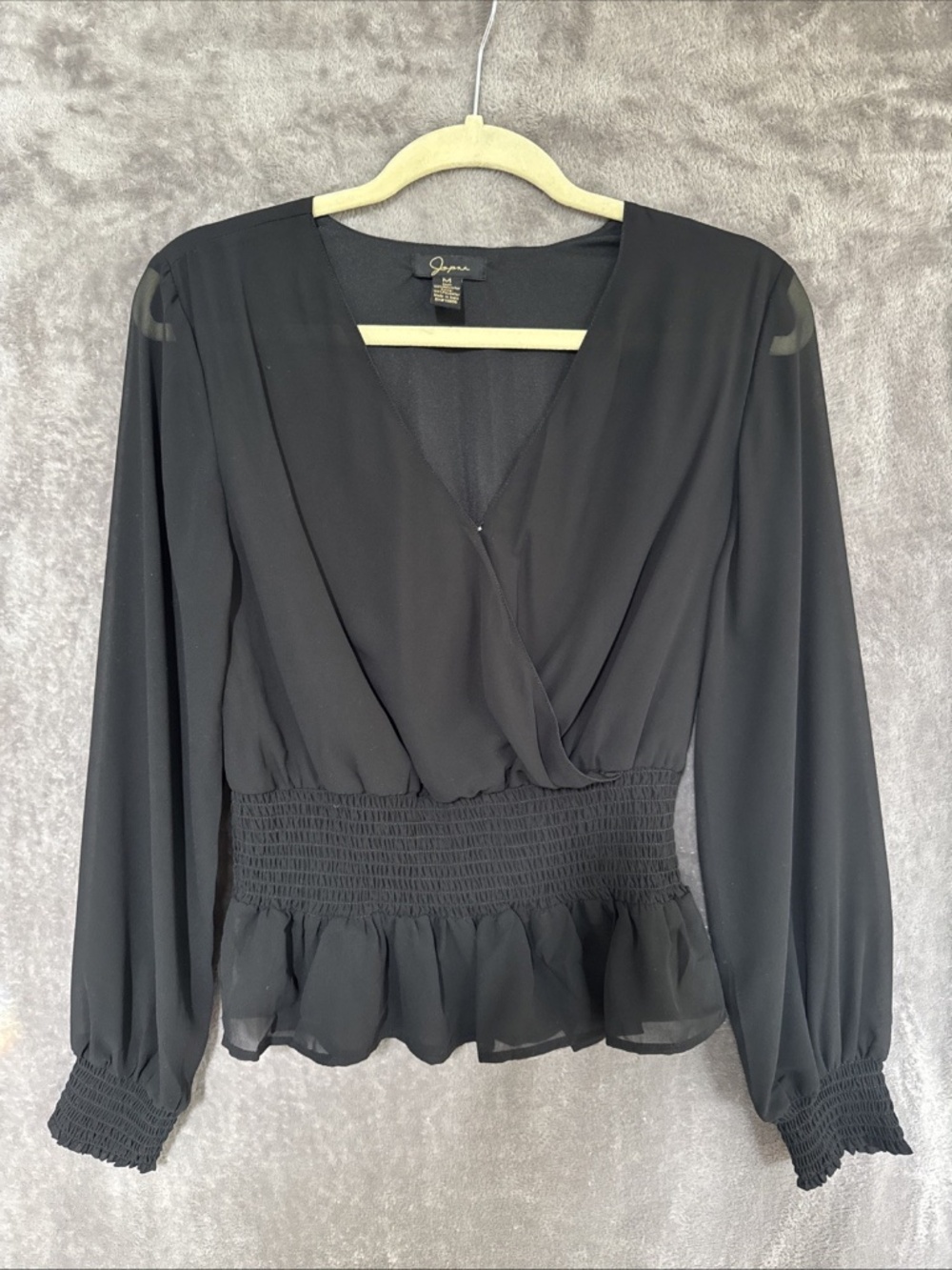 Japaa Women’s Black Ruffle Blouse | V-Neck Balloon Sleeve | Size M